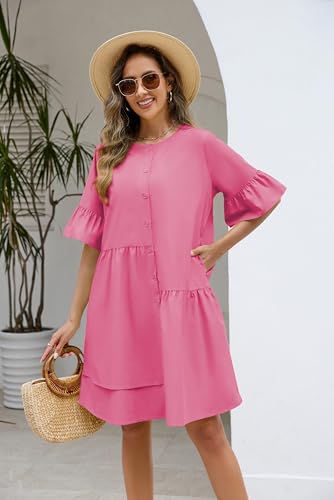Image of Choichic Button Down Shirt Dresses for Women with Pockets Flare Bell Sleeve A-Line Midi Tunic Dress