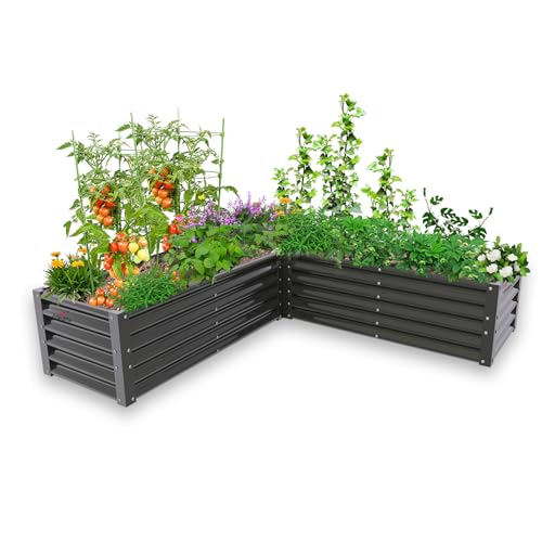 A ANLEOLIFE L-Shaped Galvanized Raised Garden Beds Outdoor,74x74x18in Large Metal Planter Box for Planting Vegetables Flowers Herb, Anti-Rust & Easy-Setup, Quartz Grey