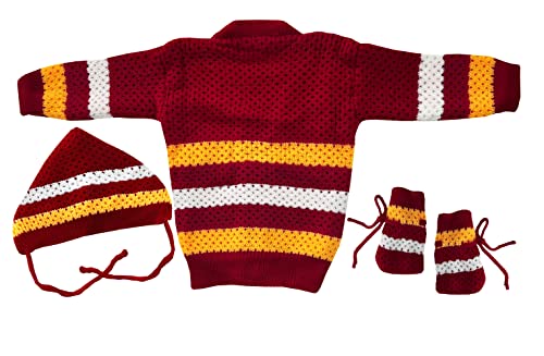 Image of little PANDA Unisex Baby Sweater Woollen Knitted Full Sleeves Sweater with Cap and Booties Set Woolen Sweater Baby Boys and Baby Girls