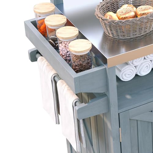 RUNNA Outdoor Kitchen Island with Raised Shelf,Solid Wood Storage Cabinet with Stainless Steel Top,Outdoor Rolling Grill Cart with Internal Storage Rack, Adjustable Shelf,Spice Rack (Grey+Blue#028)