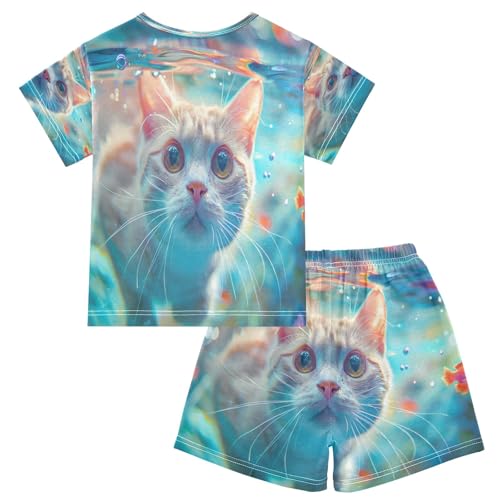 Cat under The Water Kids Pjs Set Boys Girls Summer Short-Sleeve Sleepwear Pajamas 2PCS2