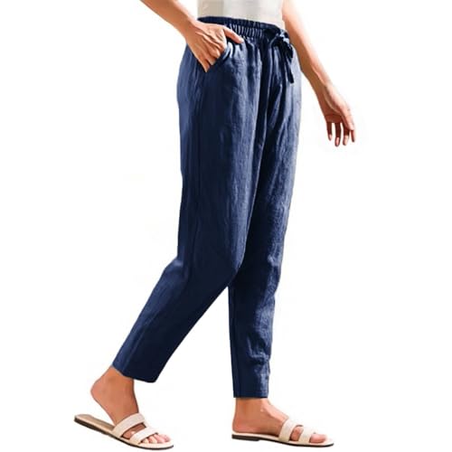 Women Cropped Linen Pants Lightweight Summer Drawstring Pant Petite Length Straight Leg Tapered Pants with Pockets4