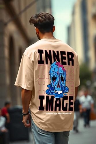 Image of Veirdo Men's Cotton Oversized Fit Oversized Baggy Fit Drop Shoulder Cool and Stylish Graphic Printed Design Half Sleeve T-Shirt (Available Sizes: S to 2XL)