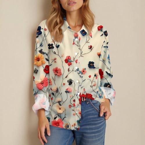 Button Down Shirts for Women Dressy Floral Printed Long Sleeve Blouse Business Casual Work Tops4