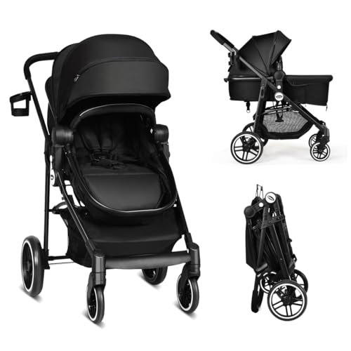 LIFEZEAL Silla de Paseo Ligera, con Respaldo Ajustable y Capota, Silla de Paseo de Viaje con Capazo Plegable para Recién Nacido, 15 kg de Capacidad, Cochecito Portátil para Bebés de 6-36 meses (Negro)