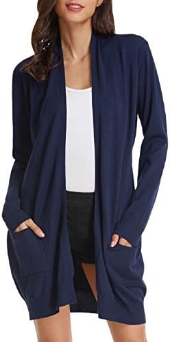 Long Open Front Long Cardigan with Stretch for Women(L,Navy Blue)