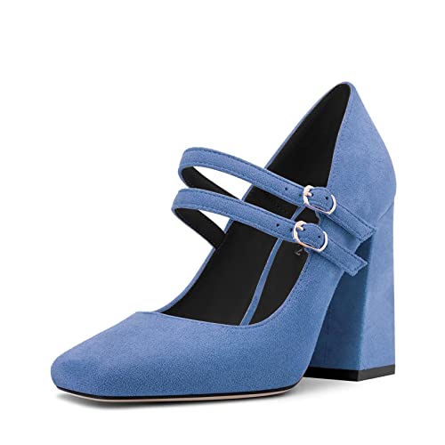 DearOnly Women High Chunky Block Heel Square Toe Pumps Mary Jane Buckle Wedding Cute 3.9 Inches Heels