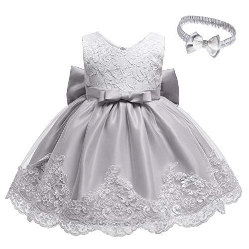 Formal Tutu Bowknot Princess Wedding Baby Clothes Lace Dress+Headband Girls Set Baby Holiday (Grey, 18-24 Months)