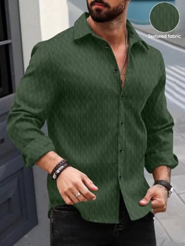 Image of DEELMO Men's Regular Fit Button Down Dress Shirts Textured Long Sleeve Casual Hawaiian Shirt