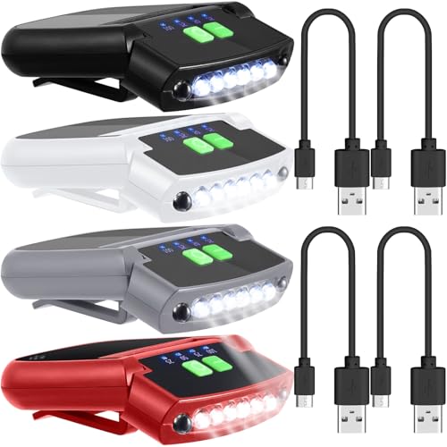 Mudder 4 Pieces LED Hat Clip Light, Cap Lights, Black, White, Red, Gray