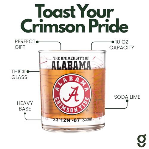 Image of Greenline Goods University of Alabama Crimson Tide Whiskey Glasses Set of 2, 10 oz Rocks Glasses with Full-Color Logo & Campus Map - Officially Licensed Bourbon Glass Gift for Alumni & Fans