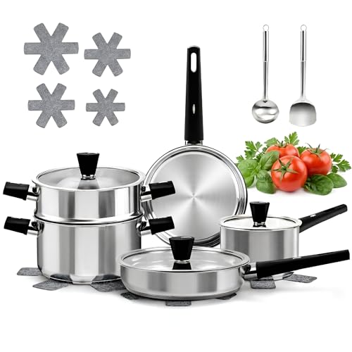Image of Meythway 14-Piece Stainless Steel Cookware Set for Induction Stovetops - Non-Toxic Pots & Pans with Stay-Cool Handles, Glass Lids, Steamer, Pot Mats & Utensils - Dishwasher Safe Kitchen Cookware