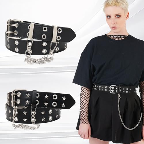 Studded Belt, Y2K Belt with Chain Star Belt Black Belt Women Goth Belt Punk Double Grommet Belt for Women Men3