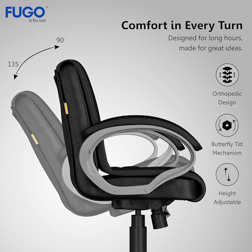Image of FUGO FG235 with 3 Years Warranty Ergonomic Medium Back Office Chair with Adjustable Height, Cushioned Back&Seat, Tilting Mechanism, Heavy-Duty Metal Base, Perfect for Work, Study and Office (Black)