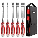 HAUTMEC Wood Chisel Sets, 5 Piece Chisel Set for Woodworking, Full Tang Drop-Forged CR-V Steel Beveled Edge Blades with Carry Storage Bag and Ergonomic Non-Slip Handles