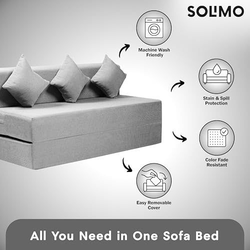 Image of Amazon Brand - Solimo 3 Seater 5 * 6 Jute Fabric Washable Cover Sofa Cum Bed with 3 Cushions 3 Seater Double Foam Fold Out Sofa Cum Bed (Finish Color - Light Grey Delivery Condition - Pre-Assembled)