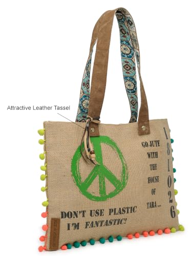 Image of The House of tara Jute Tote Handbag | Brown Beige Printed Shoulder Bag | Tassel Embellished | Magnetic Closure | Zipper Compartment | Casual Bag for College, Office & Daily Use | For Women