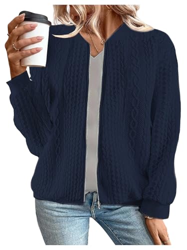 Verdusa Women's Cable Knit Zip Up Jacket Long Sleeve Baseball Collar Casual Bomber Jackets