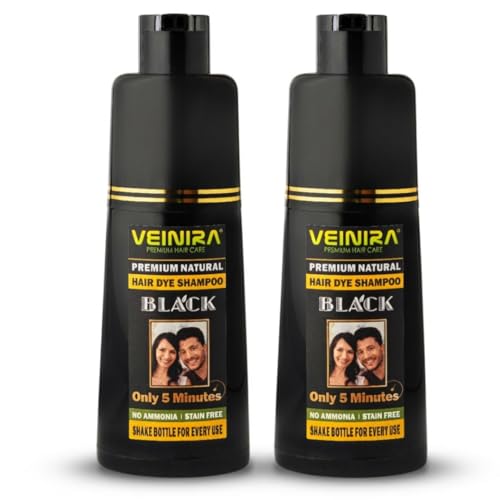 Image of VEINIRA Hair Colour Shampoo Pack of 2 (2 × 200ml) – Black Hair Dye Shampoo, Ammonia-Free Formula, Natural Grey Coverage in 5 Minutes (Natural Black)