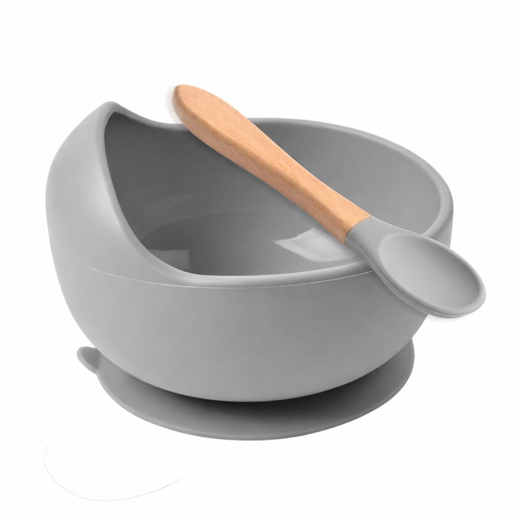 Recluse Silicone Baby Suction Gray Bowl with Wooden Handle Spoon – BPA Free Toddler Feeding & Training Set – Strong Non-Slip Base,Food Grade,Microwave & Dishwasher Safe – Perfect for Baby Led Weaning-image-29