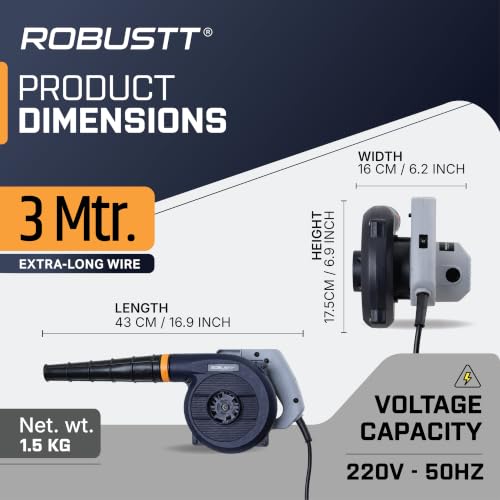 Robustt 620W Heavy Duty Air Blower Machine I 16000 RPM I 5-Variable Speed I 3.5M Long Wire I 3.7 m³/M Air Flow I Copper Motor I Ideal for Cleaning, Home, Car, Leaf Blower and PC I 1 Year Warranty - Image 5