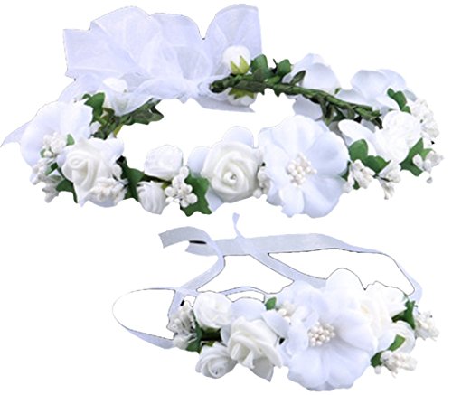 Love Sweety Rose Flower Crown Wreath Wedding Headband Wrist Band Set (White)