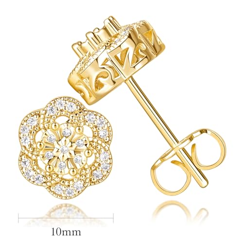 14k Gold Stud Earrings for women Trendy, Flower-shaped Gold Earrings Studs Fit Hypoallergeni Earrings for Women, CZ Stud Earrings Butterfly Push Backings 8mm 10mm4