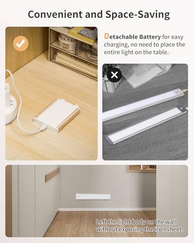 Image of Adiding Under Cabinet Lighting, 64 LED Rechargeable Battery Operated Lights | Motion Sensor Magnetic Night Light with 3 Color Temperature, Hidden Hook Wireless for Closet, Wall Mount, 1 Pack