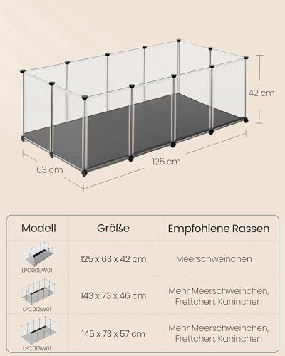 SONGMICS Kleintiergehege mit Bodenplatten, Laufstall mit Abnehmbarer und wasserfester Unterlage, Gehege für Hamster, Kaninchen, Meerschweinchen, 125 x 63 x 42 cm, weiß LPC009W01