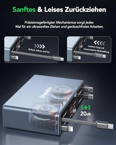 8 in 1 Retractable Charger USB C Ladegerät, 105W USB Ladegerät Mehrfach mit 4 Einziehbaren Kabeln, GaN USB Ladestation Mehrere Geräte Kompatibel mit iPhone 17 Pro/17/16/15/14/iPad/MacBook/Galaxy/Pixel