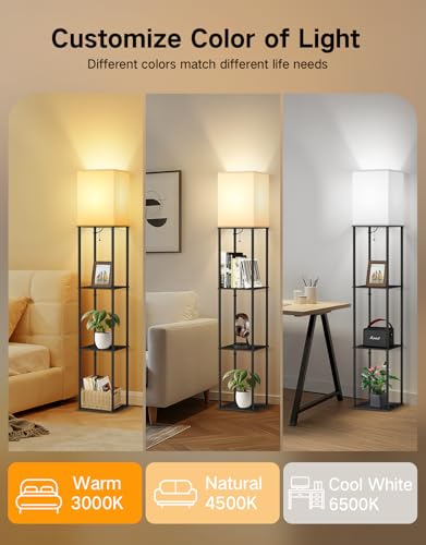 Image of OUTON Floor Lamp with Shelves, Modern Square Standing Shelf Lamp, Black | 3 Color Temperature Bulb, Storage Display Wood Column Tall Bookshelf Lamp for Living Room, Bedroom Office