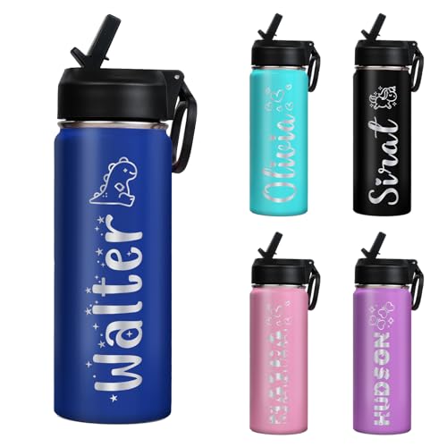 Image of Ships from USA,Custom Water Bottle For School, 18 oz Personalized Stainless Steel Kids Water Bottle with Straw Lid,Double Wall Insulated BPA Free ,Personalized Gifts for Boys Girls (Engraved Names)