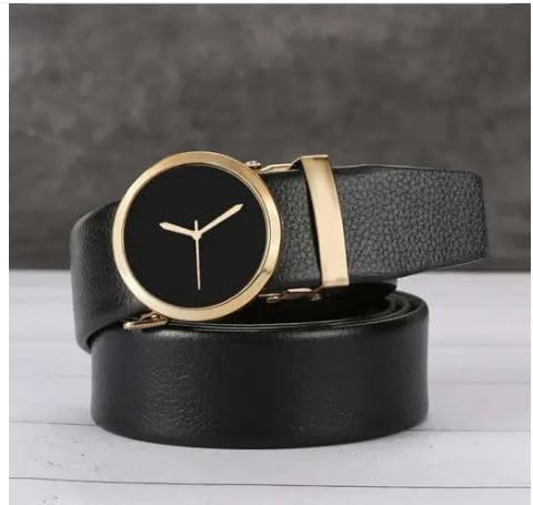 Men’s Leather Belt with Hidden Watch Integrated Buckle Automatic Ratchet Design for Office and Formal Use Black-image-10