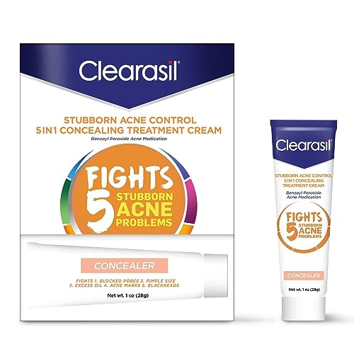 Acne Treatment Cream - Clearasil Stubborn Acne Control 5-in-1 Concealing Treatment Cream with Benzoyl Peroxide Acne Medication to Clear Acne, 1 Ounce