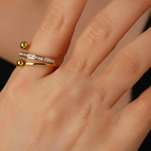 Trendy Gold-Tone Tiny Ball Statement Wrap Finger Ring for Women Stainless Steel Geometric Cubic Zirconia CZ Diamond Stacking Bands Comfort Fit Middle Thumb Eternity Rings Fashion Simple Daily Jewelry (7) by OIDIMS - Used condition - Image 2