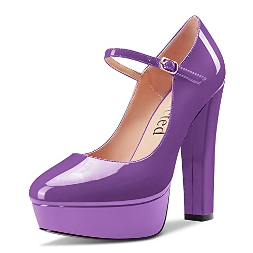 Saekcted Damen Chunky Blockabsatz Hoher High Plateau Plattform Absatz Heel Geschlossene Runde Zehenkappe Mary Jane Pumps Slip-on 13 cm Heels Violett Lackleder 39 EU Cover