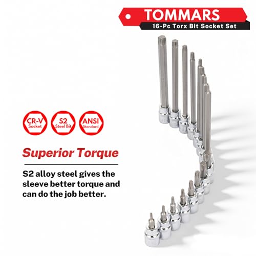 Image of TOMMARS 16-Piece 3 /8 inch Drive Conventional Torx Socket Set | T10, T15, T20, T25, T30, T40, T50, and T55, Long Torx Bit Socket Set ,S2 Alloy Steel