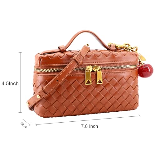 Image of Small Woven Box Crossbody Bags for Women Designer Leather Mini Top Handle Clutch Purse Square Vanity Bag with Cherry Charm