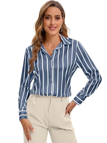 Image of Premium Soft Breathable Stretch Satin Silk Button Down Shirts for Women Long Sleeve Leopard Blouses Work Dress Tops