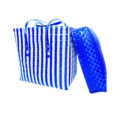 Image of Hand Made Multipurpose Plastic Basket with Lid, White with Blue, XL