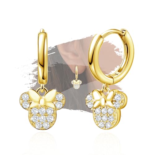 Mouse Bow Earrings Sterling Silver Gold Animal Cute Dangle Hoop Earrings for Women Hypoallergenic Cubic Zirconia Bow Knot Dangle Earring for Sister