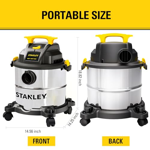STANLEY Wet/Dry Vacuum SL18115, Stainless Steel Tank, 5 Gallon 4HP Shop Vacuum, Portable Style Ideal for Home/Shop/Jobsite Dust Collection Job with Vacuum Attachments, Silver+Yellow