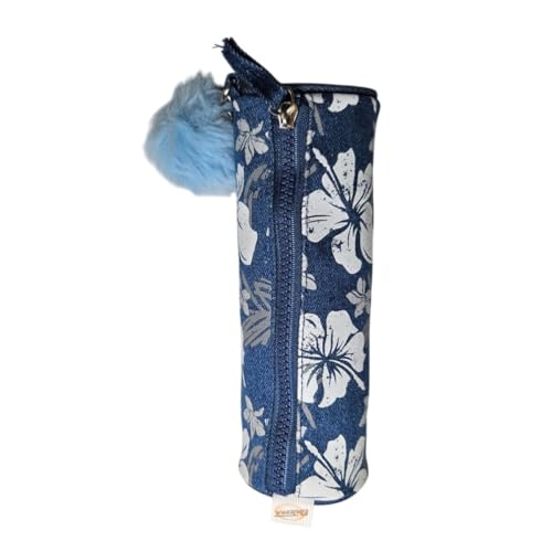 Estojo Necessaire Floral Pompom Azul Jeans Escolar Flores