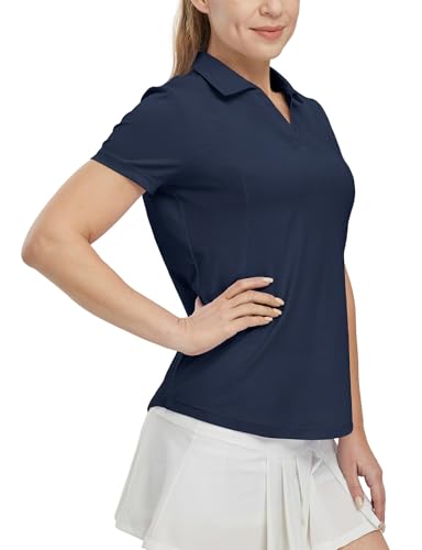 Image of BGOWATU Women's Short Sleeve Golf Tennis Polo Shirts V Neck Collared Workout Tops UV Protection Dry Fit
