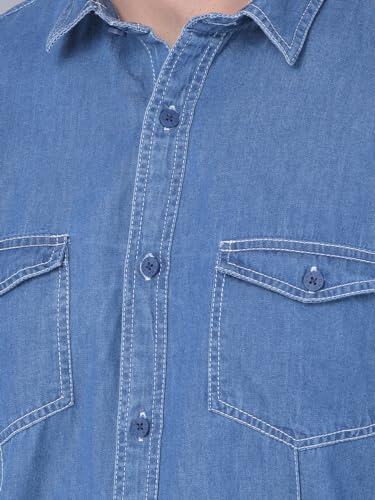 Image of COBB Solid Denim Blue Slim Fit Casual Shirt