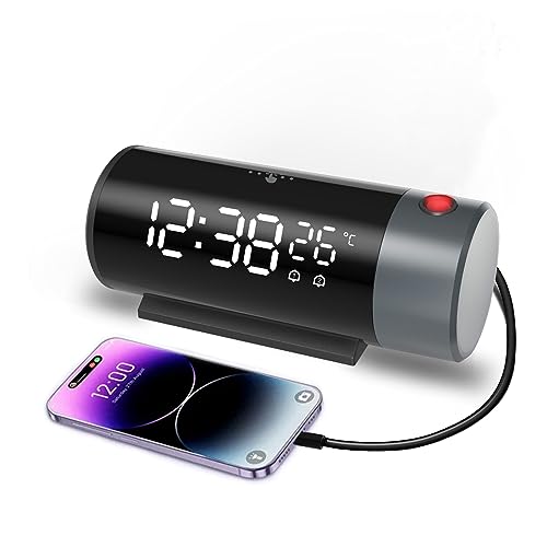 VORRINC Projektionswecker, 4 Bildschirmhelligkeiten und Automatische Helligkeitsanpassung, Projektionsuhr mit Doppelwecker/Schlummerfunktion/Ladeanschluss, Digitalwecker für Schlafzimmer