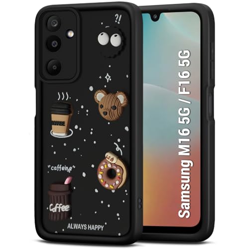Image of TheGiftKart Back Cover Case for Samsung Galaxy M16 5G / F16 5G | Cute Fun Cartoon 3D Bear Coffee Case | Full Camera Protection | Shockproof Back Cover Case for Samsung M16 / F16 5G (Silicone, Black)