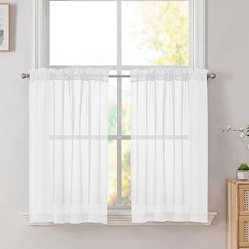 Image of Simplebrand White Short Sheer Kitchen Cafe Curtains 36-42 Inch, Tier Rod Pocket, Half Window, Bathroom, 2 Panels