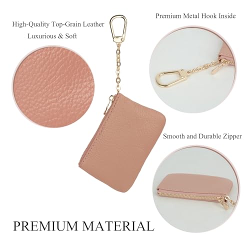 Image of Full Grain Leather Coin Purse with Key Chain - Small Change Purse Keychain Card Holder Keychain Pouch Small Keychain Wallet for Women and Men (Pink)