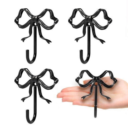 XHIPY 4 PCS Large Size Black Bow Wall Hook, Black Coat Hook, Metal Hooks, Bow Room Decor Hooks for Coats, Coffee Mugs, Hats, Bags, Bath Towels and Room Decorations